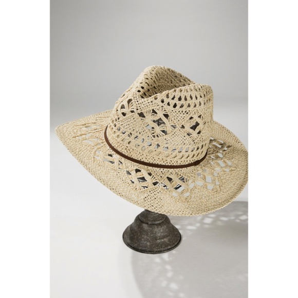 SOLD OUT Natural Bohemian Handwoven Open Weave Faux Leather Banded Panama Hat - Picture 5 of 6